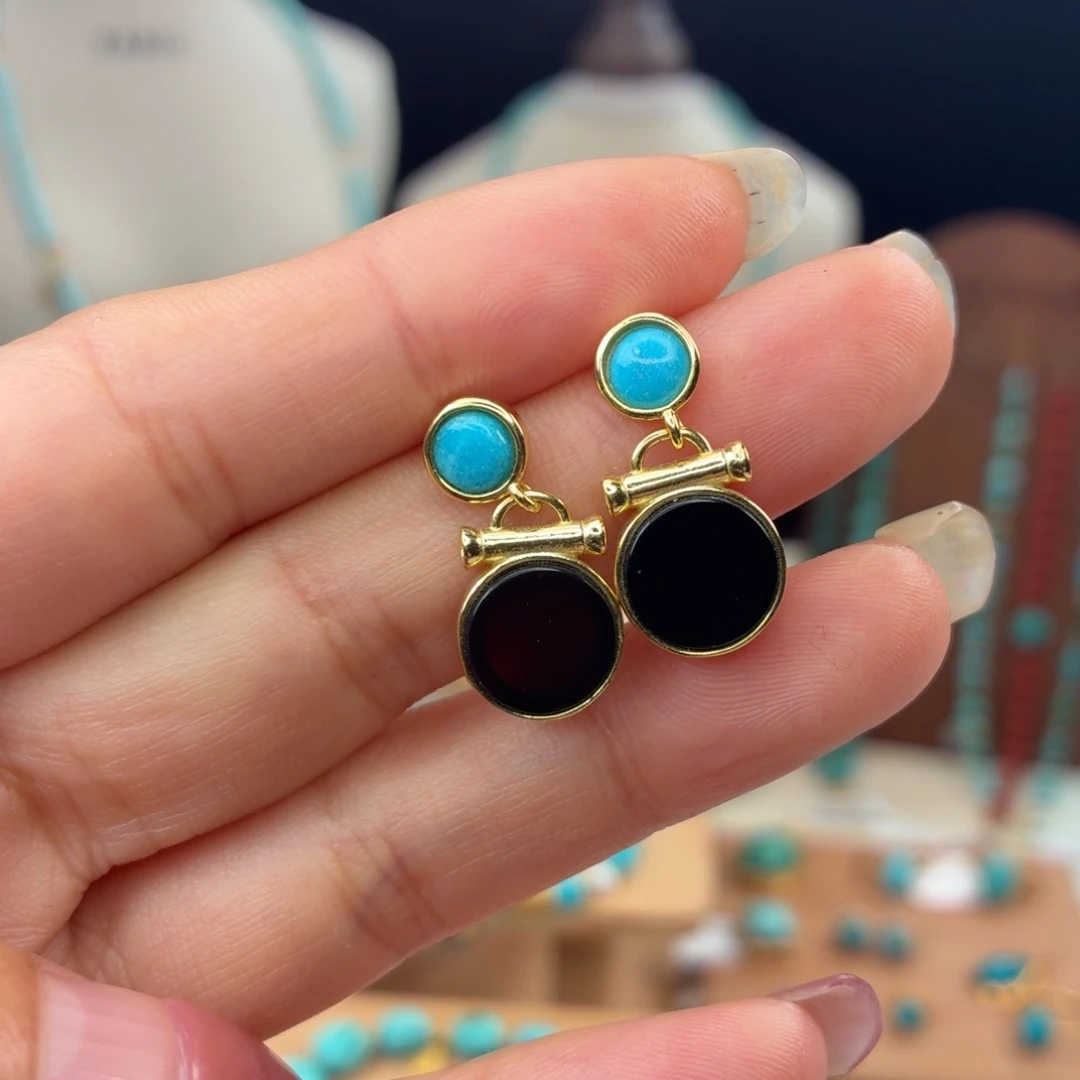 绿松石银S925镀金镶嵌耳饰