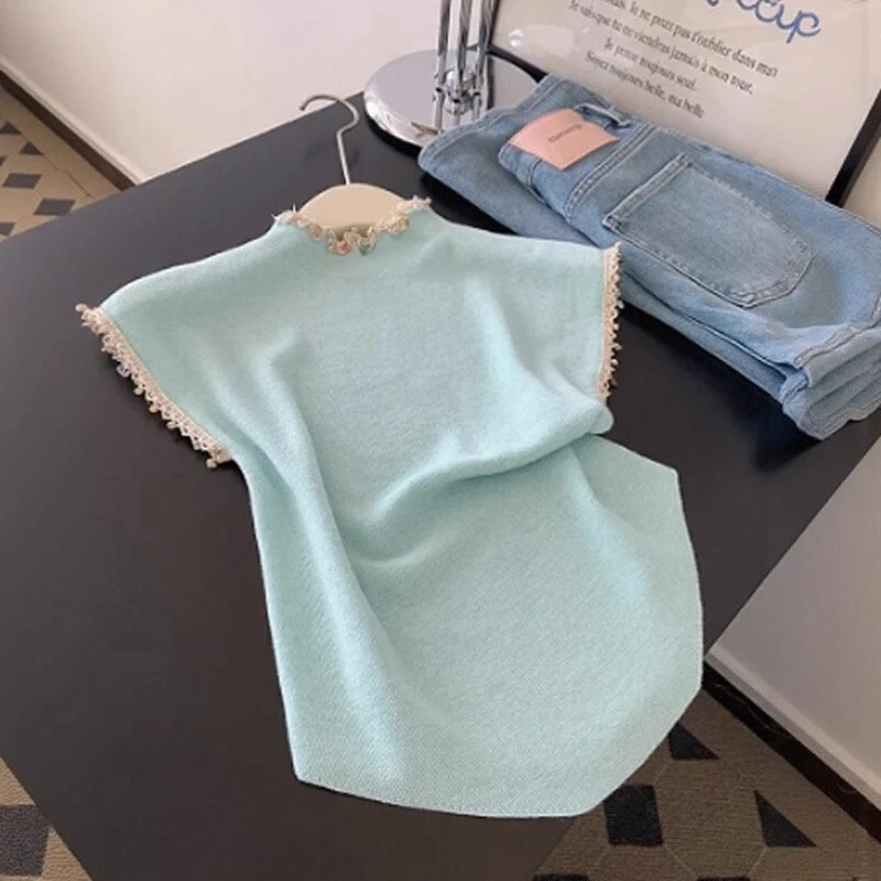 AMI.FS 2025夏季新款多巴胺上衣减龄时尚薄荷绿蕾丝花边针织T恤