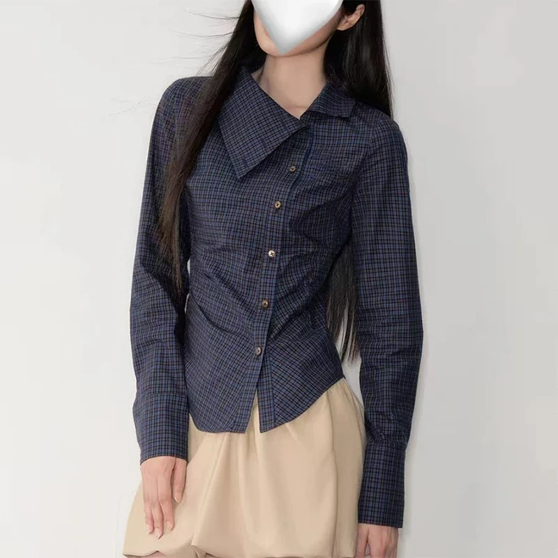 设计感美式复古斜翻领格纹长袖衬衫女装秋季掐腰显瘦不规则小上衣