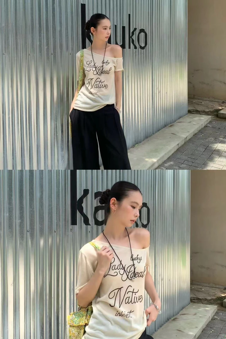 AJ（1ajy221#）推荐的！休闲裤款字母印花斜肩T恤 5-29