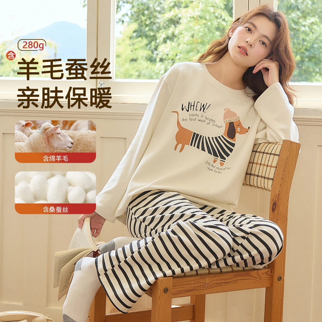 德绒睡衣女秋冬季长袖羊毛绒加厚加绒卡通少女甜美保暖家居服套装