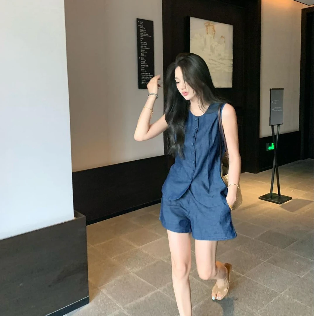 parkyeon2025夏季新款时尚套装气质无袖上衣宽松休闲短裤女两件套