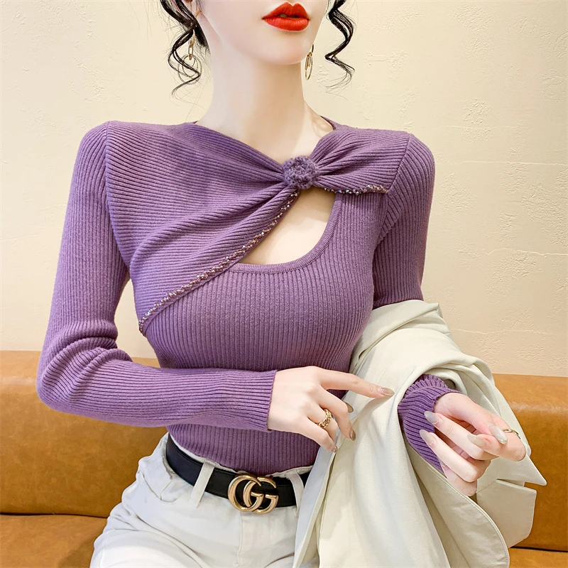 不规则镂空紫色毛衣女秋冬洋气内搭打底衫重工钉钻高级感针织上衣