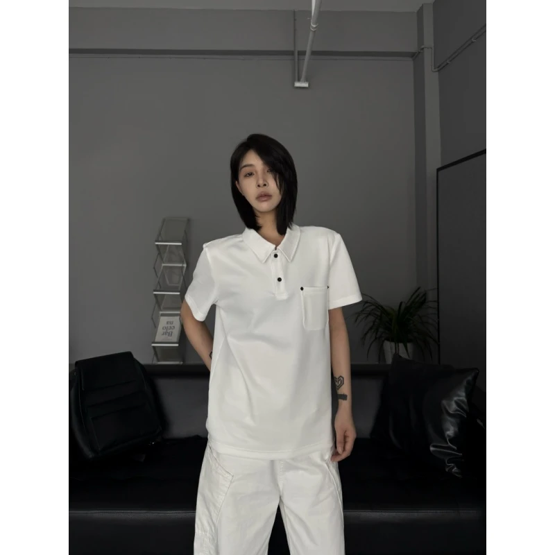 2025小众纽扣立领纯色男女宽松百搭春夏季短袖Polo衫男士透气T恤