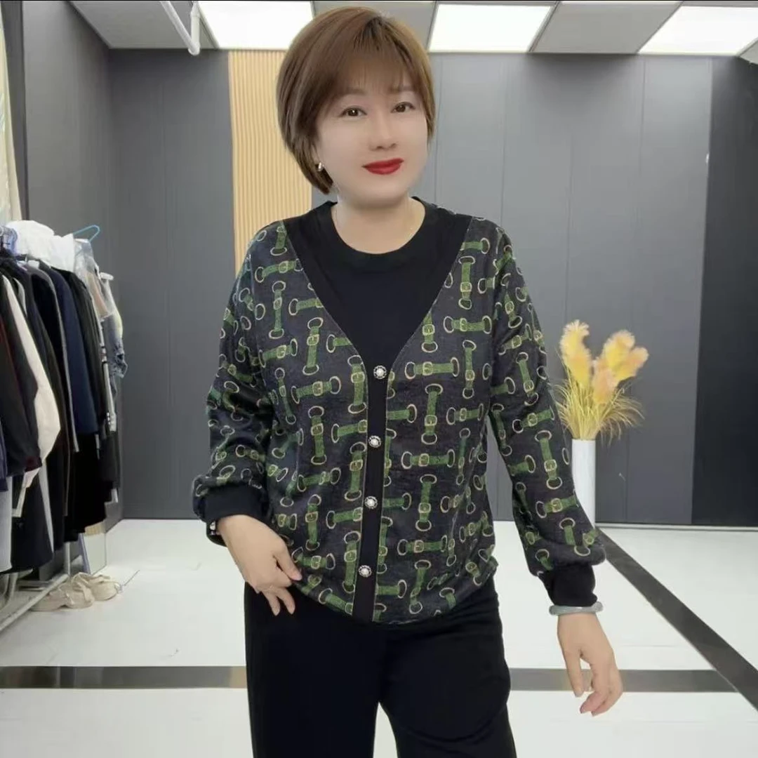 影8113新款大码圆领拼接假两件洋气显瘦长袖衫