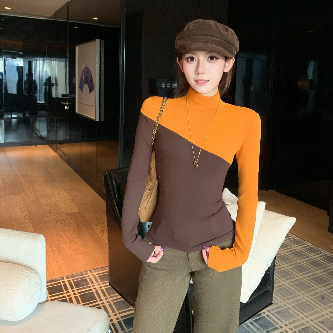 显瘦半高领撞色拼接加绒保暖打底衫女秋冬修身内搭设计感上衣