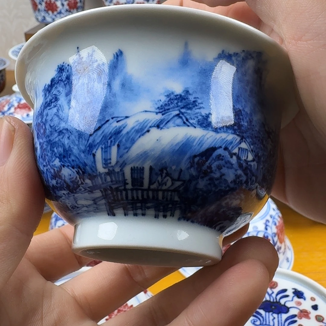 当代青花写意红元宝盖碗