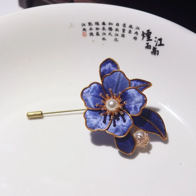 锌合金仿珍珠胸针 非遗掐丝绒花山茶牡丹花胸针发钗古风中式婚嫁