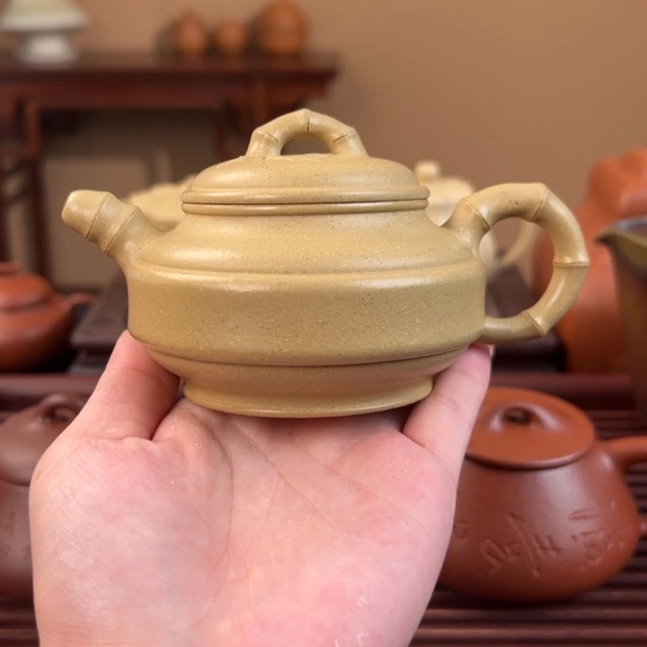 紫砂茶壶本绿双线竹鼓180cc