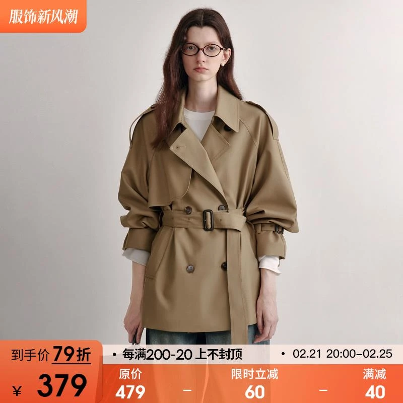 范洛休闲短款风衣外套女2025春新款双排扣小个子高级感卡其色大衣
