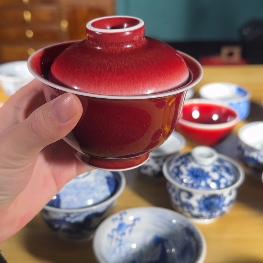 柴窑烧制元宝两才盖碗110cc