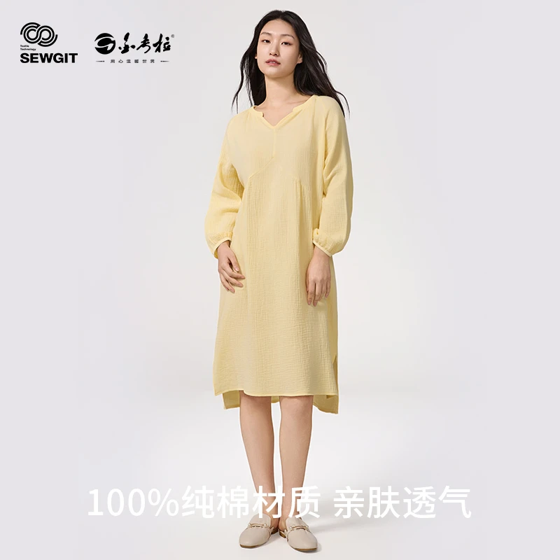 Kicolor/金考拉休闲女士纯色简约梭织双层纱长袖家居睡裙SWJ50038