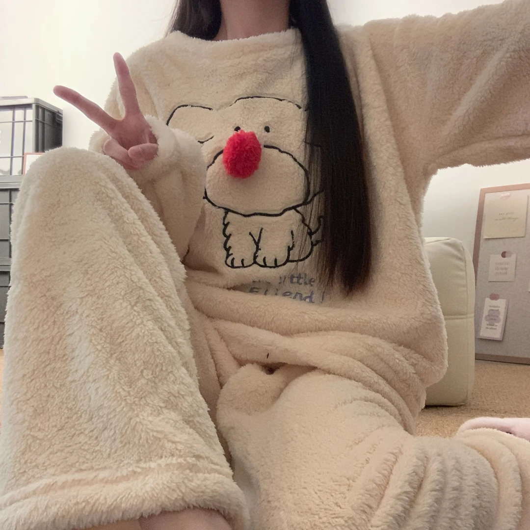 长毛绒睡衣女新款冬季黄色卡通可爱圆领珊瑚绒加厚保暖家居服套装