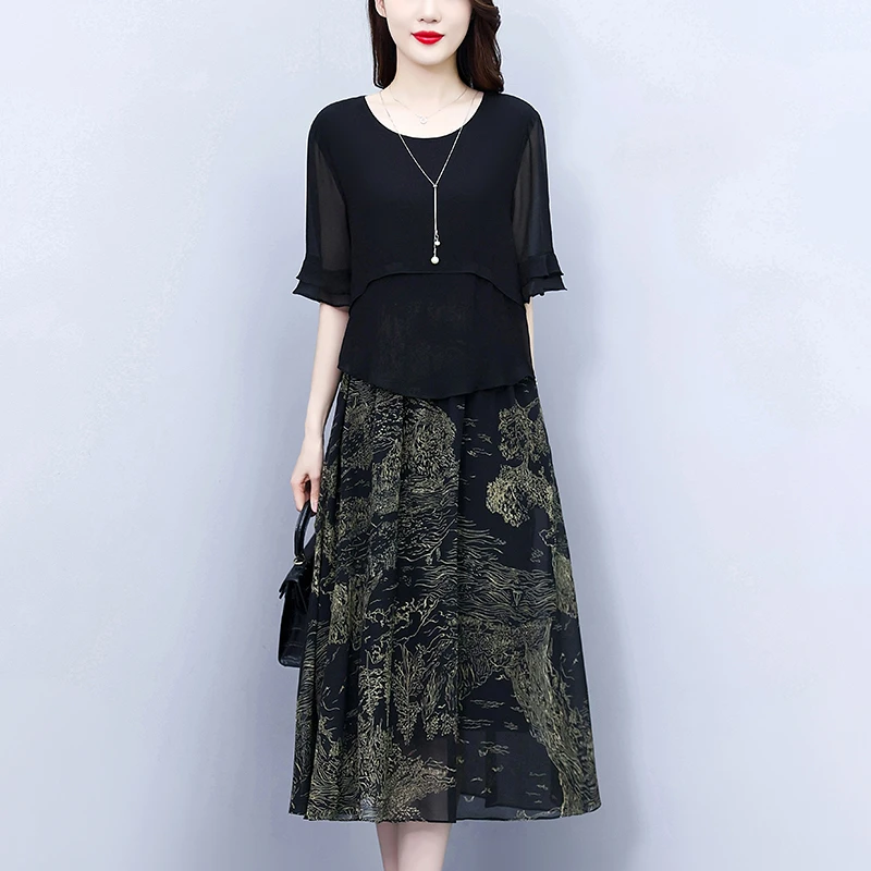 2025夏季新款假两件拼接连衣裙女夏季新款宽松遮肚气质中年妈妈