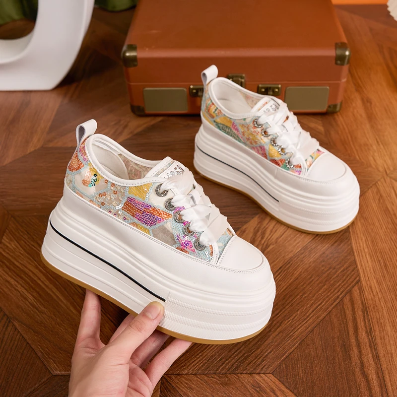 网面厚底小白鞋女新中式国风松糕鞋子网红内增高透气小众设计潮鞋