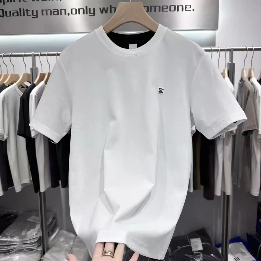 2025春夏新款男装时尚净版圆领纯色小标休闲男士短袖