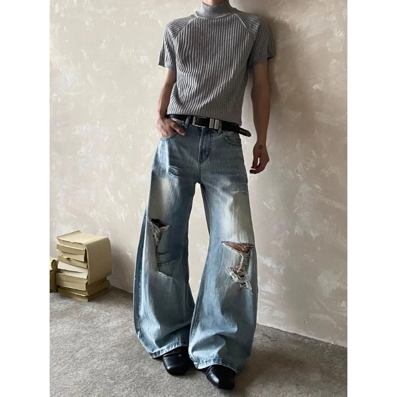 竹节纹美式街头cleanfit做旧水洗弯刀牛仔裤男直筒微喇个性阔腿裤