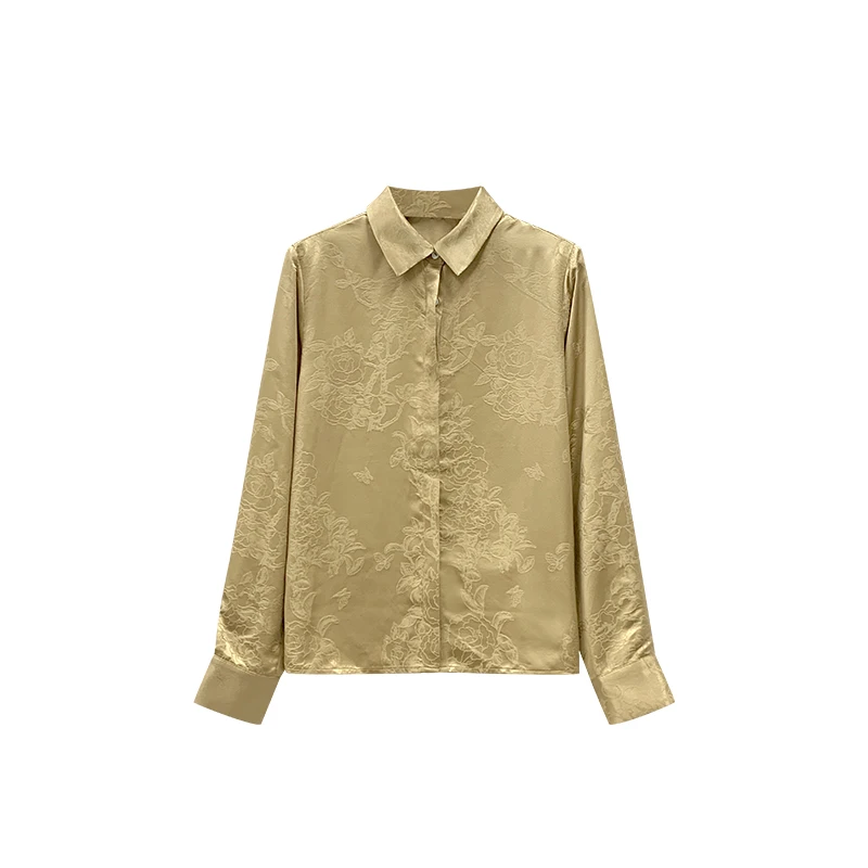 【橙庐】438019原创山茶花与蝴蝶桑蚕丝衬衫 春秋中式长袖女士气质