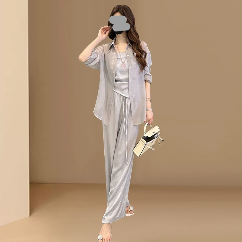 欧货休闲衬衫吊带背心阔腿裤三件套2025夏季新款时尚炸街显瘦套装