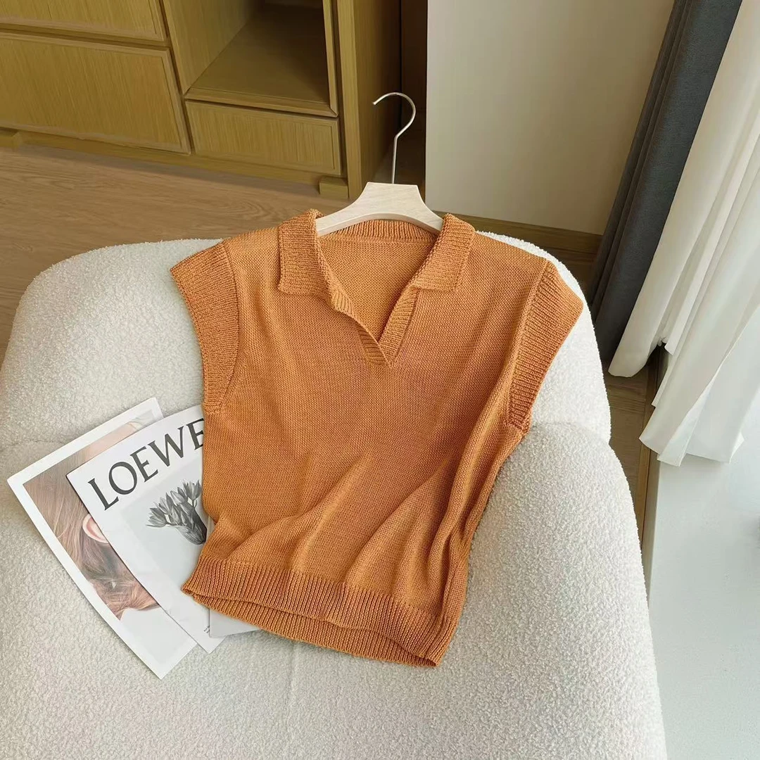 Barbie Jingni  简约Polo领针织短袖百搭纯色气质上衣韩版1851