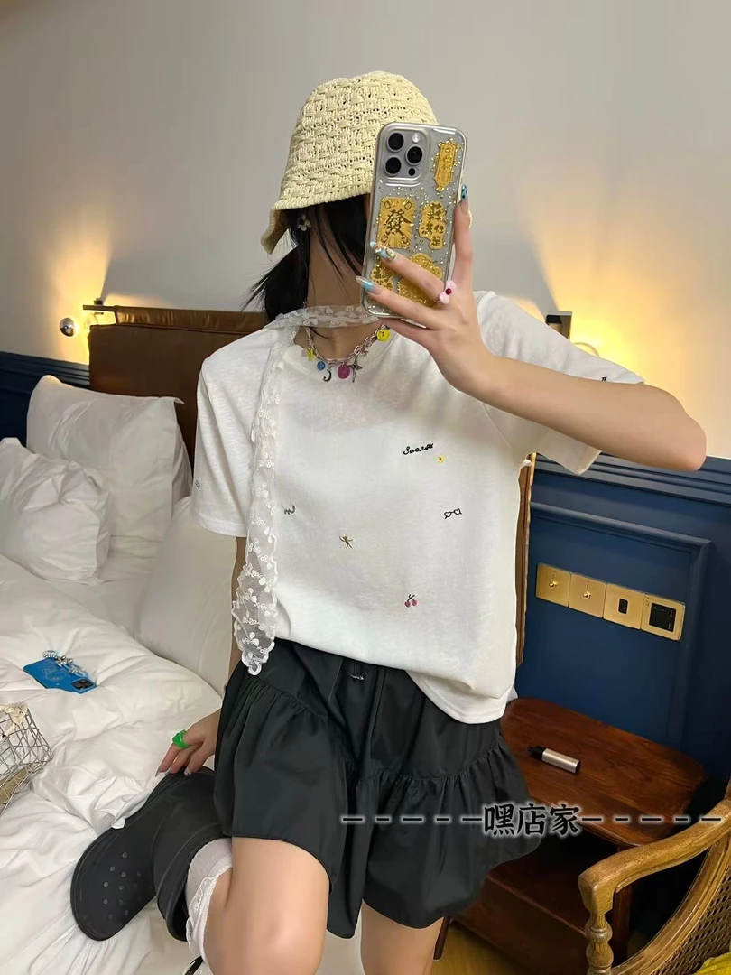 原单T恤半袖个性卡通吸汗夏款短袖潮流刺绣樱桃眼镜中板-2534