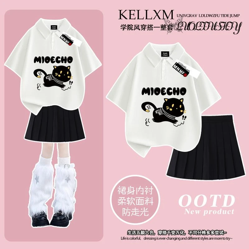 2025夏季女童可爱猫咪印花Polo衫短袖t恤短裙套装学院风两件套潮