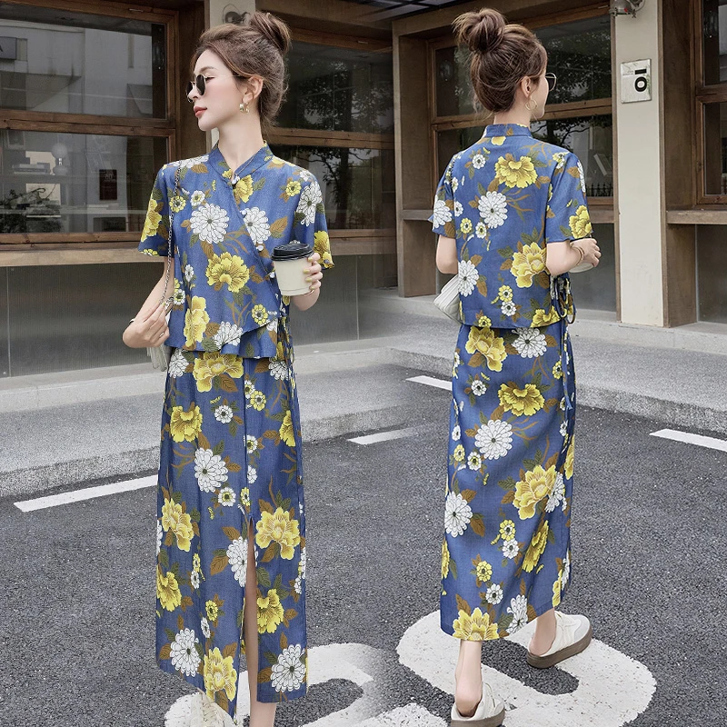 民族风印花开叉裹裙海边度假沙滩裙2023夏季时尚短袖半身裙两件套