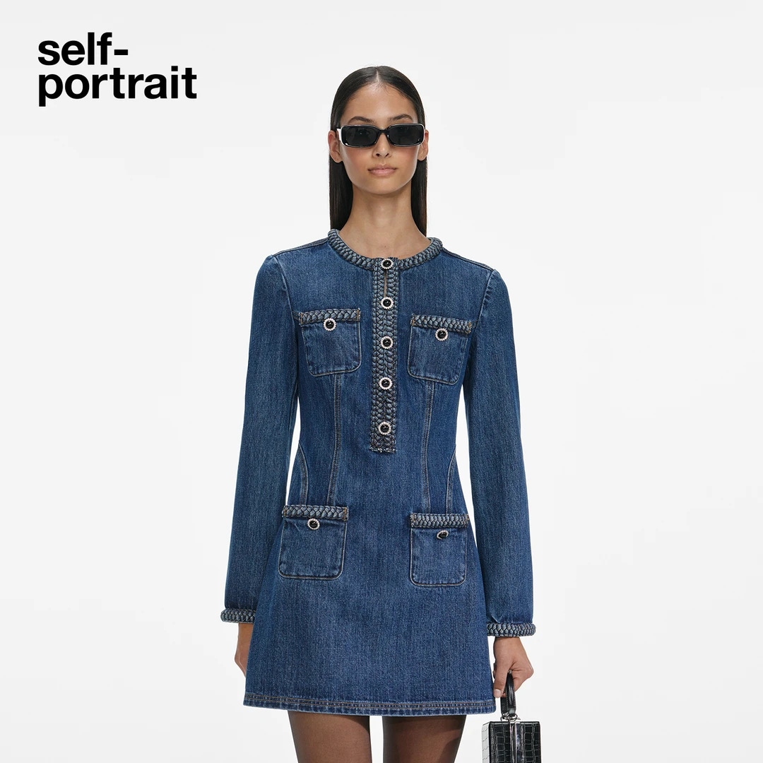 self-portrait 2025秋冬新款牛仔蓝甜美千金风牛仔连衣裙短裙