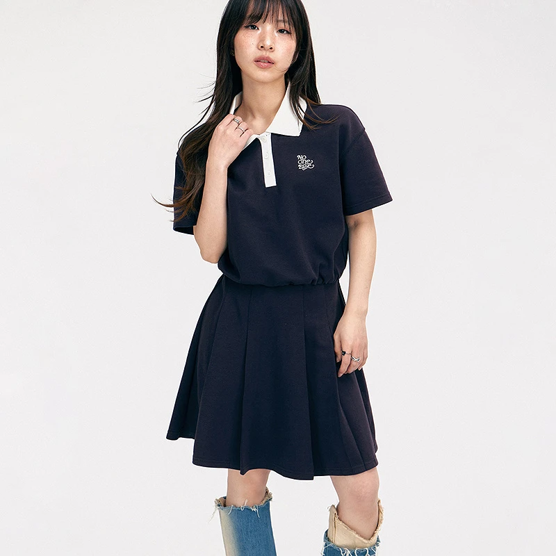 NO ONE ELSE美式复古女装夏季翻领松紧腰裙子字母刺绣短袖连衣裙