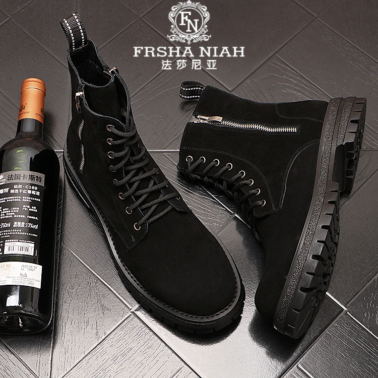 法莎尼亚高帮马丁靴男士秋冬季新款休闲增高加绒保暖皮靴磨砂短靴