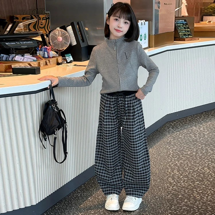 女童套装2025秋季新款洋气休闲连帽上衣中大童格子阔腿裤两件套潮