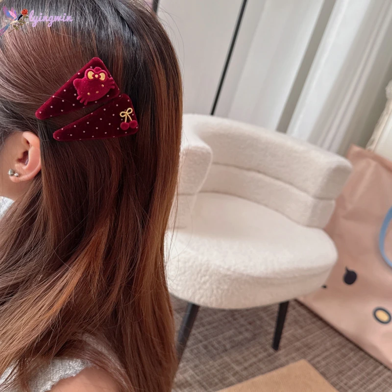 韩国红色丝绒波点侧边夹樱桃kt猫bb夹少女可爱甜美刘海碎发夹发饰