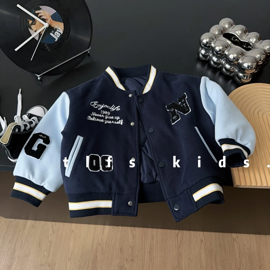 童例「25520蓝拼字母棒球棉外套」冬保暖休闲韩版立领夹棉男女童潮