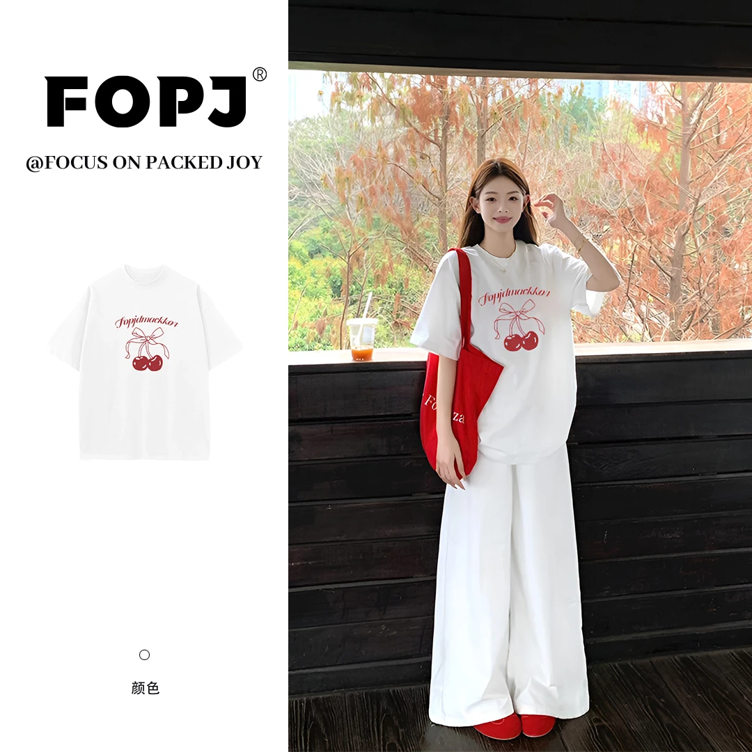 FOPJ高街纯棉休闲圆领百搭短袖T恤女2025夏季新款韩系慵懒感上衣