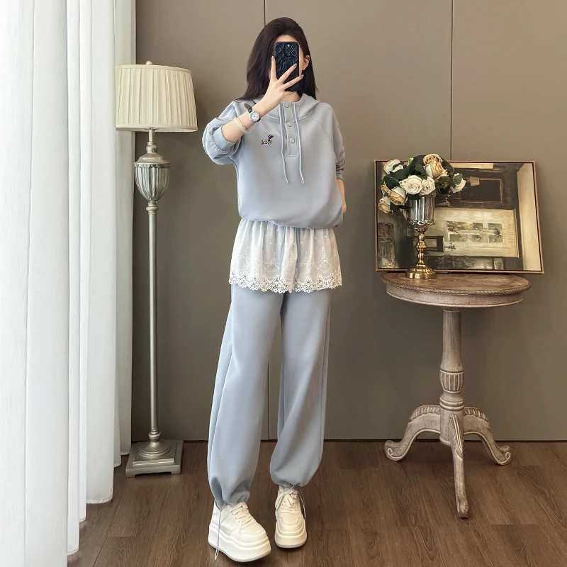 盐系穿搭休闲时尚套装女2025秋拼接蕾丝洋气蓝色卫衣阔腿裤两件套