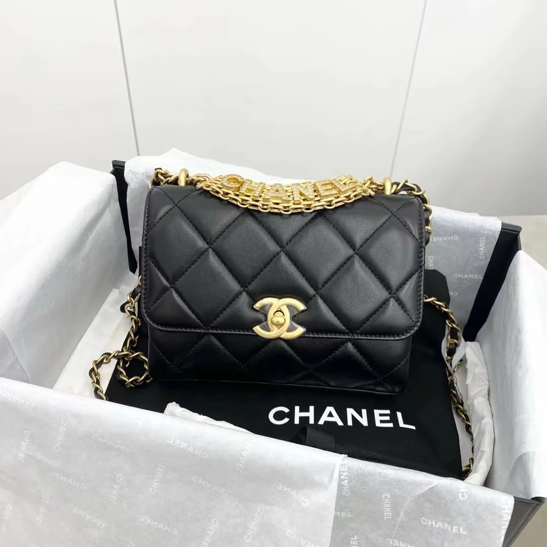 95新 Chanel/香奈儿 Chanel黑金水钻22s 金扣单肩包25050004-01