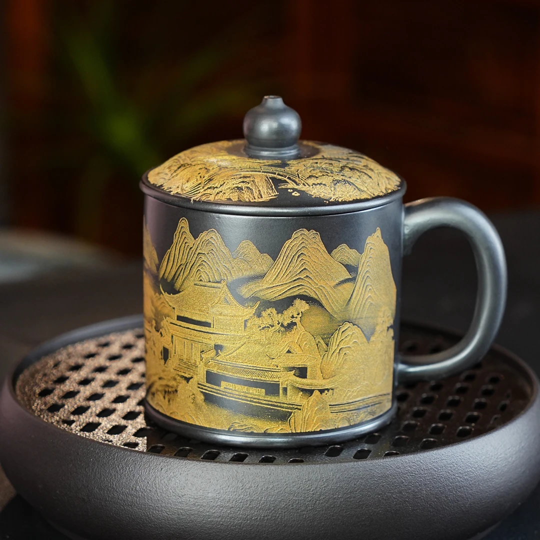 330紫砂石黄茶杯手工刻绘山水楼阁大容量办公杯茶水杯描金盖杯
