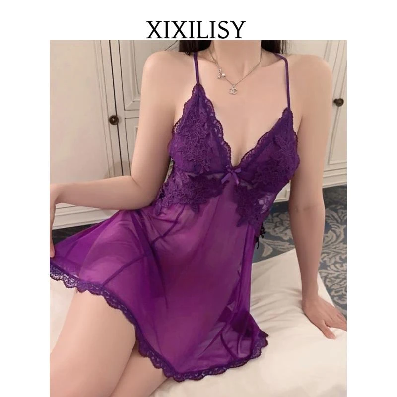XIXILI小众设计感网纱蕾丝吊带睡裙夏季薄款刺绣睡衣家居服1126