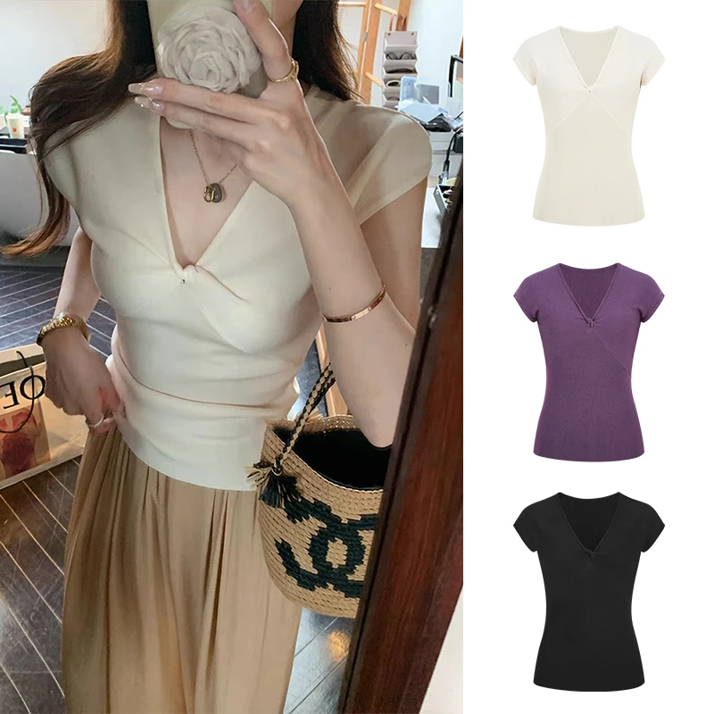 Moses Queen/魔西女王法式v领扭结短袖针织衫女夏季显瘦百搭上衣