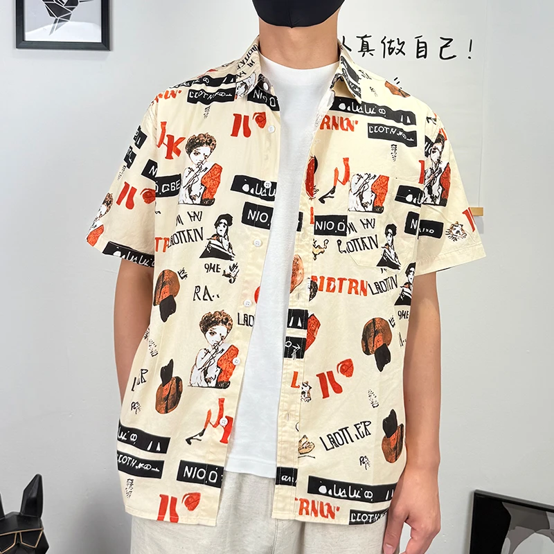 纯棉夏季衬衫个性抽象印花潮流痞帅百搭沙滩宽松休闲男装大气上衣