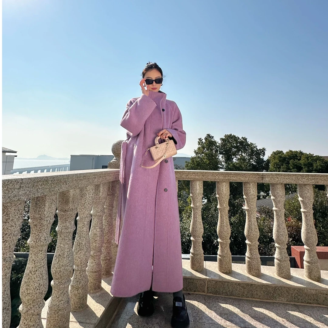 【新年大衣】【加厚款】张佳人原创秋冬宽松气质立领超长双面羊毛大衣