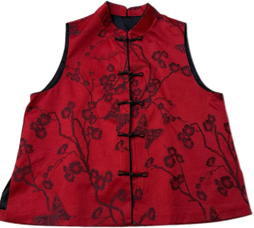 鑫姐➕新中式风格高档丝绒女士无袖加棉马甲优雅盘扣黑色马夹