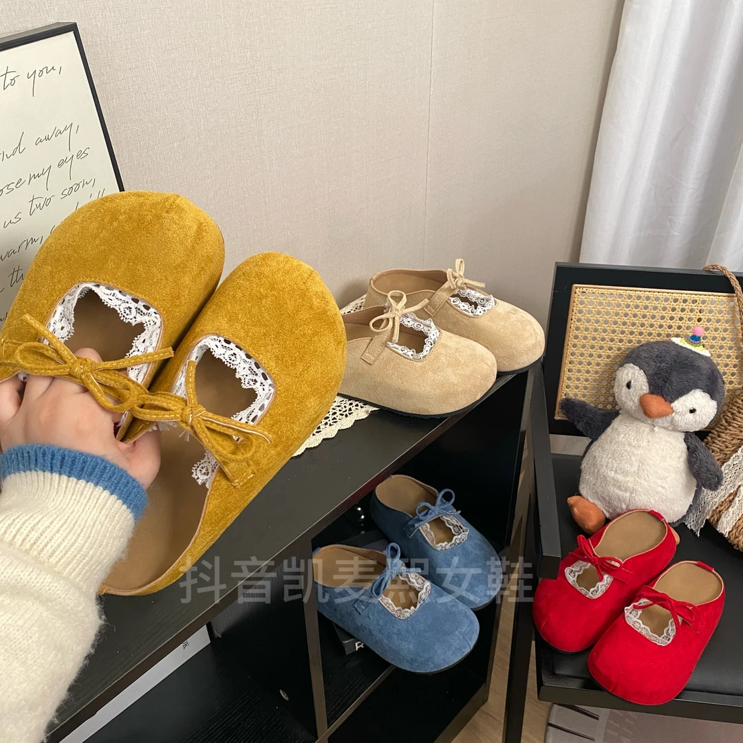 2025春夏新款时尚百搭勃肯鞋女款蕾丝蝴蝶结小个子增高软底包头拖
