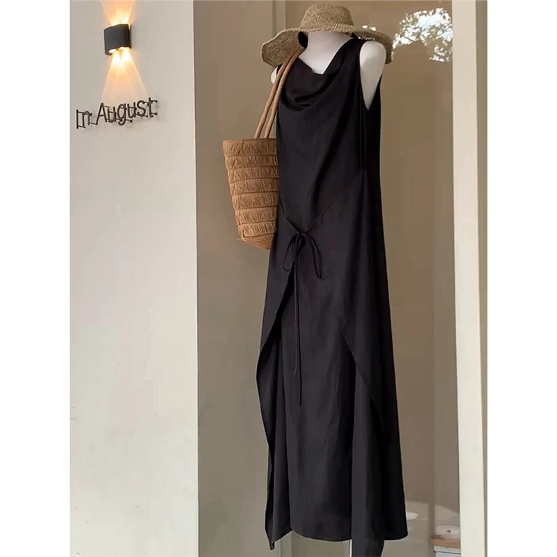 夏季新款高级黑色荡领背心连衣裙系带显瘦设计感宽松直筒无袖长裙