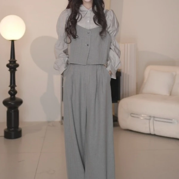 Basic House/百家好JH时尚盐系减龄衬衫马甲阔腿裤高级感三件套春