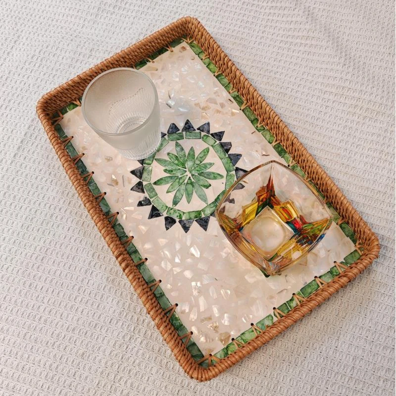 H越南真藤手工编织36*23*5长方形贝壳盘波西米亚风水果零食盘子