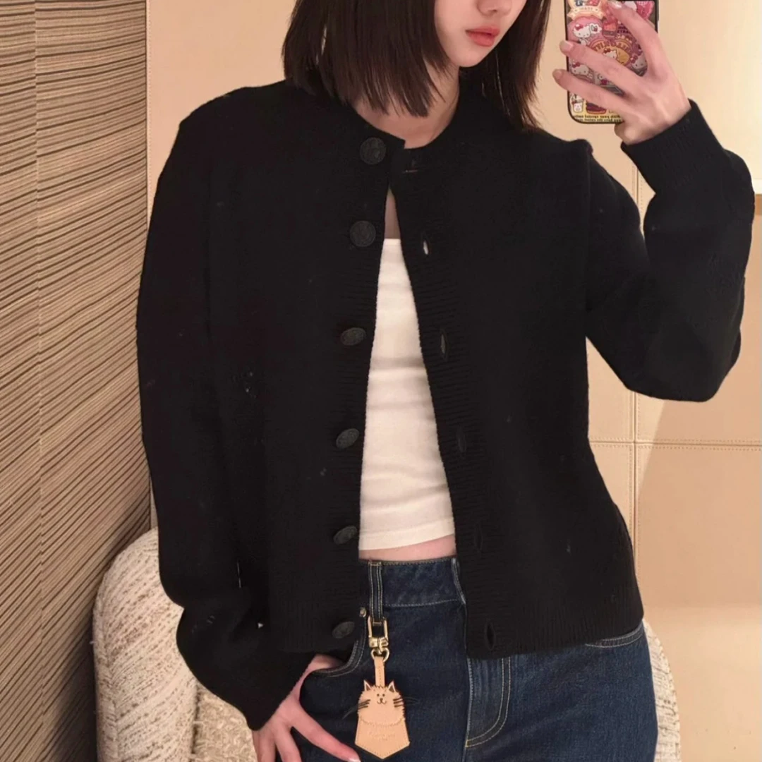 「长芯」高定25法式慵懒百搭纯色圆领针织开衫YZ25W10012