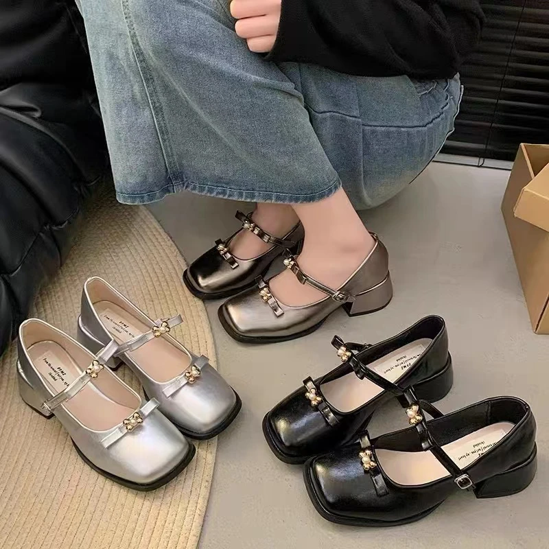 法式粗跟玛丽珍春夏新款一字带蝴蝶时尚3373