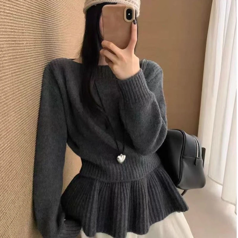 韩系慵懒风高级感套头针织毛衣女2025新款中长150小孔雀蓝打底衫