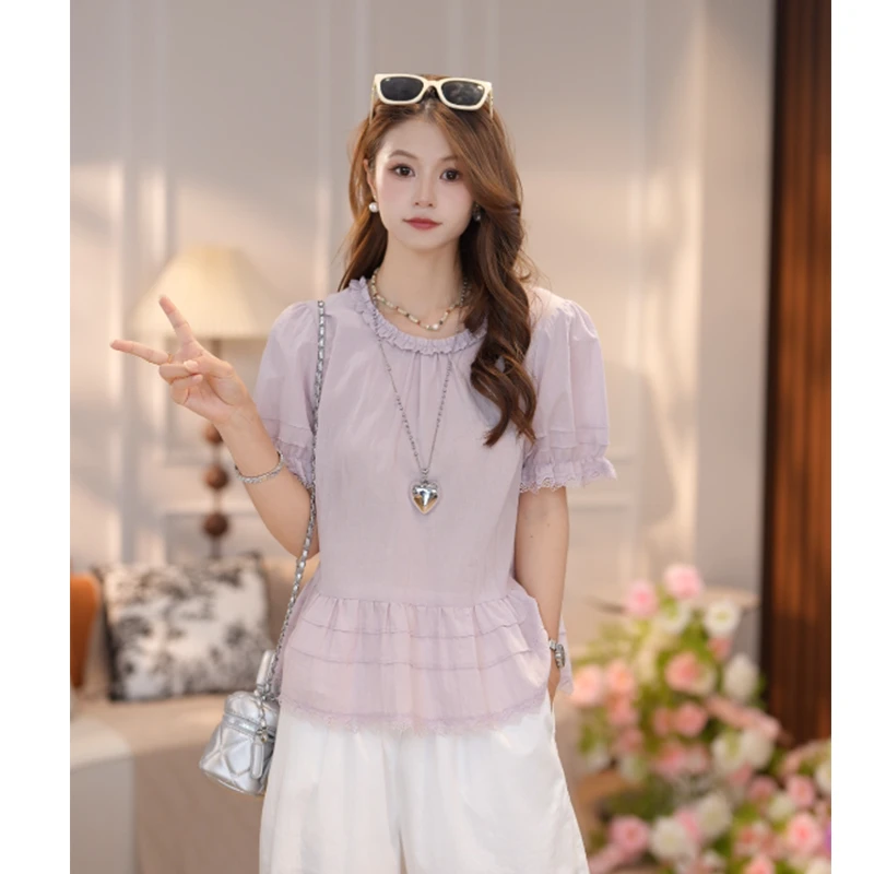 马克华菲女装2025夏季法式圆领木耳边小衫网纱拼接衬衫减龄小众 S